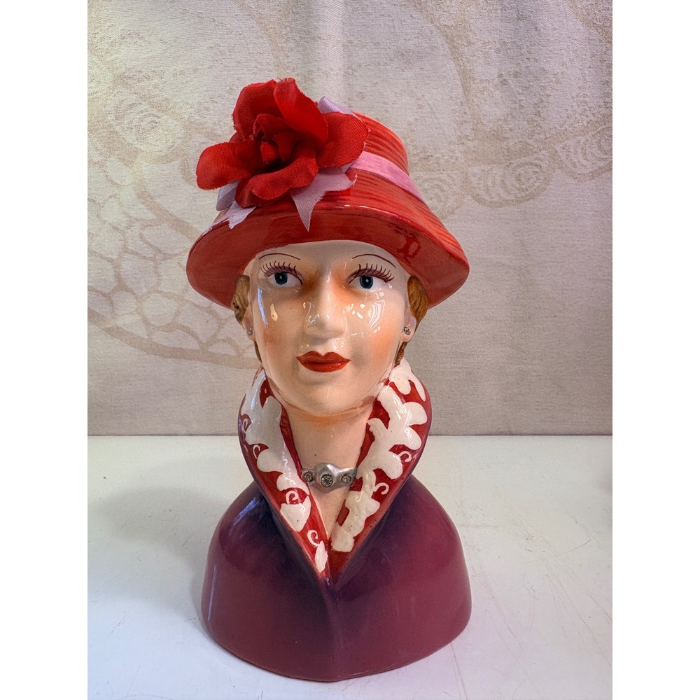 Vintage Style Ceramic Lady Head Vase Red Hat Purple Coat Rose Accent Glossy Bust